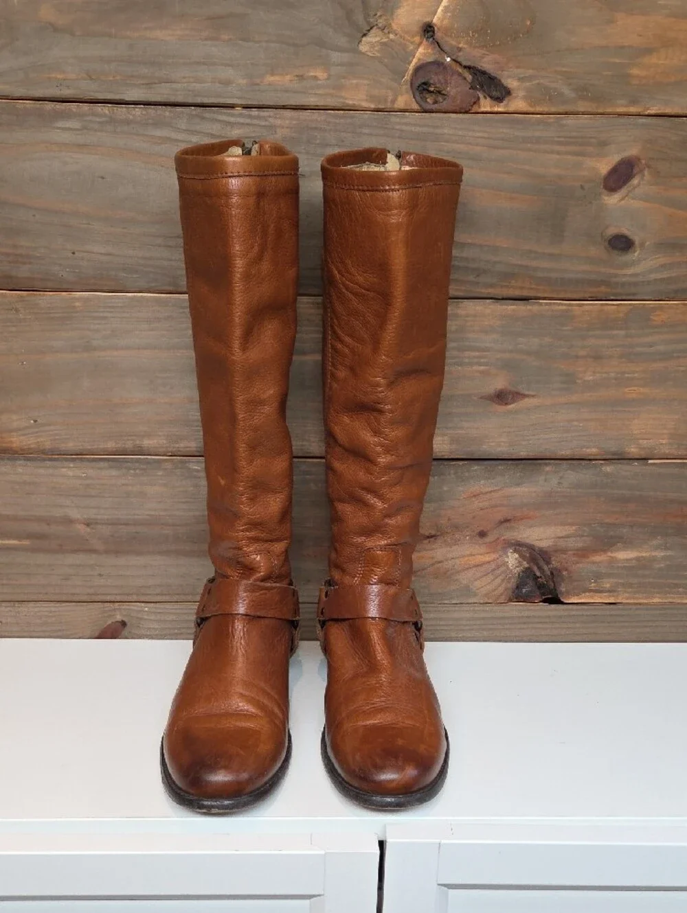 Frye Phillip Harness Tall Cognac Brown Leather Boots